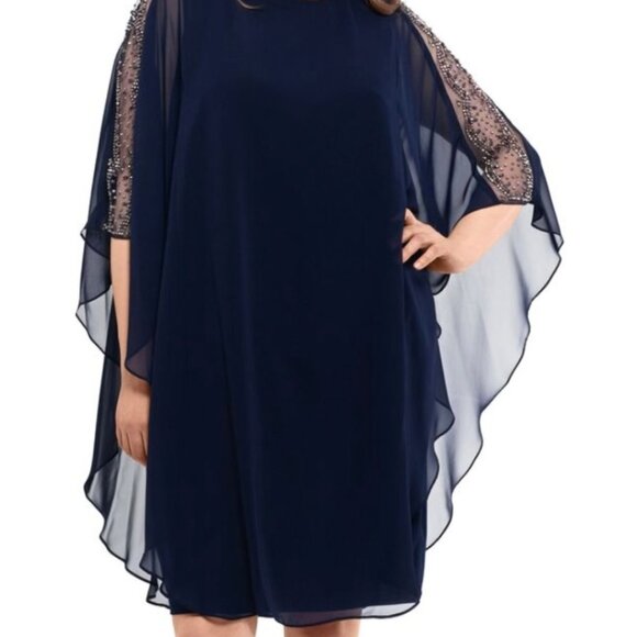 XSCAPE NAVY CHIFFON OVERLAY BEADED SLEEVE SHIFT DRESS CAPE DRESS SZ 14W - NWOT - Picture 1 of 14